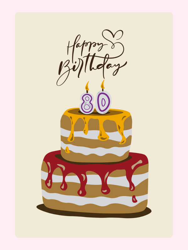 80th birthday cake card with illustrated layered cake and candles design on neutral background