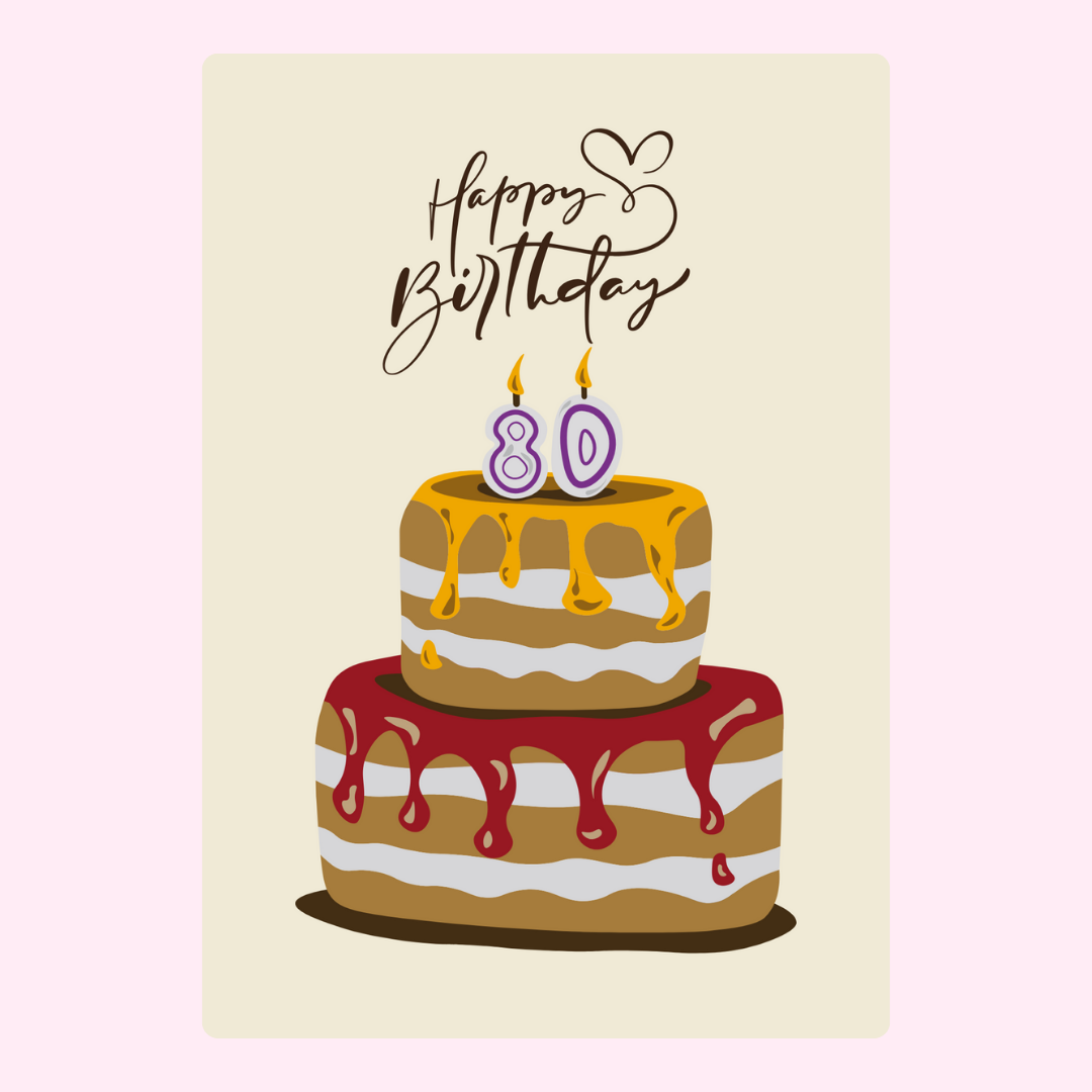 80th birthday cake card with illustrated layered cake and candles design on neutral background