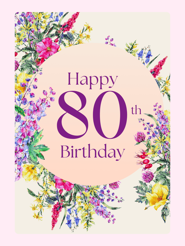 80th birthday floral cake card design with elegant flowers for letterbox cake gift UK