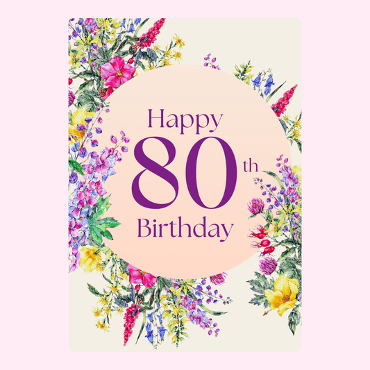 80th birthday floral cake card design with elegant flowers for letterbox cake gift UK