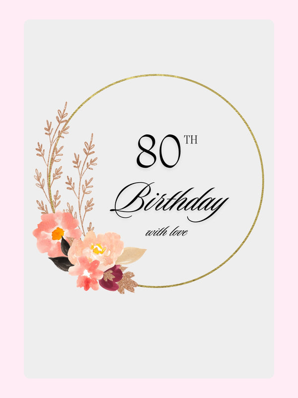 elegant 80th birthday floral card with gold circle design