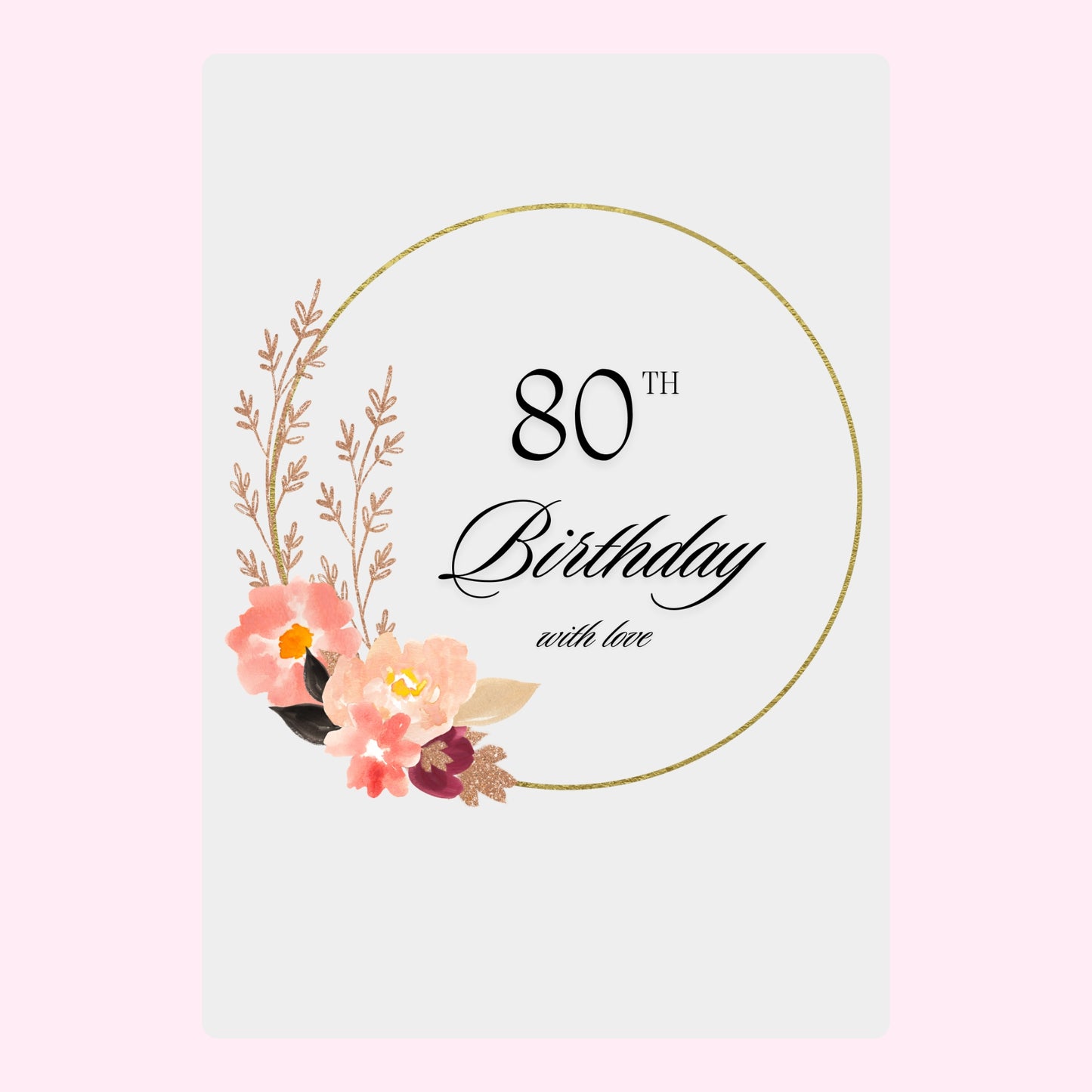 elegant 80th birthday floral card with gold circle design