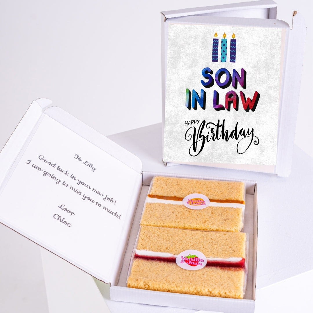 Letterbox cake gift with vibrant birthday design for son-in-law