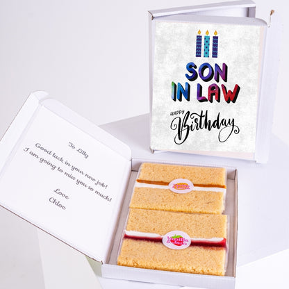 Letterbox cake gift with vibrant birthday design for son-in-law