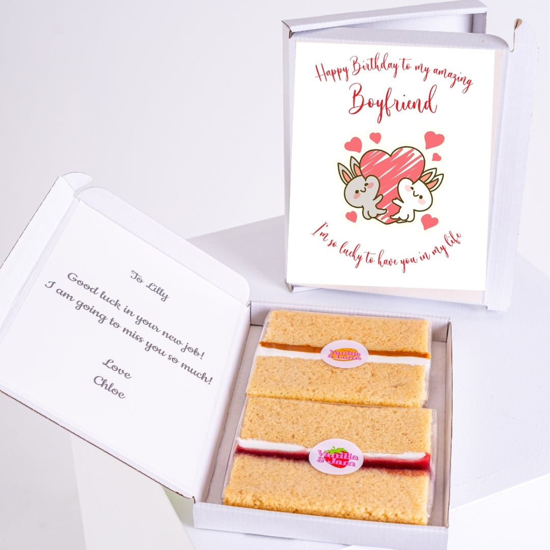 Letterbox birthday gift with cake slices and a cute message for boyfriend.
