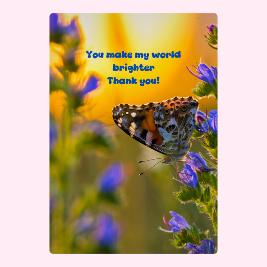 Thank you card with butterfly and flowers, saying You make my world brighter