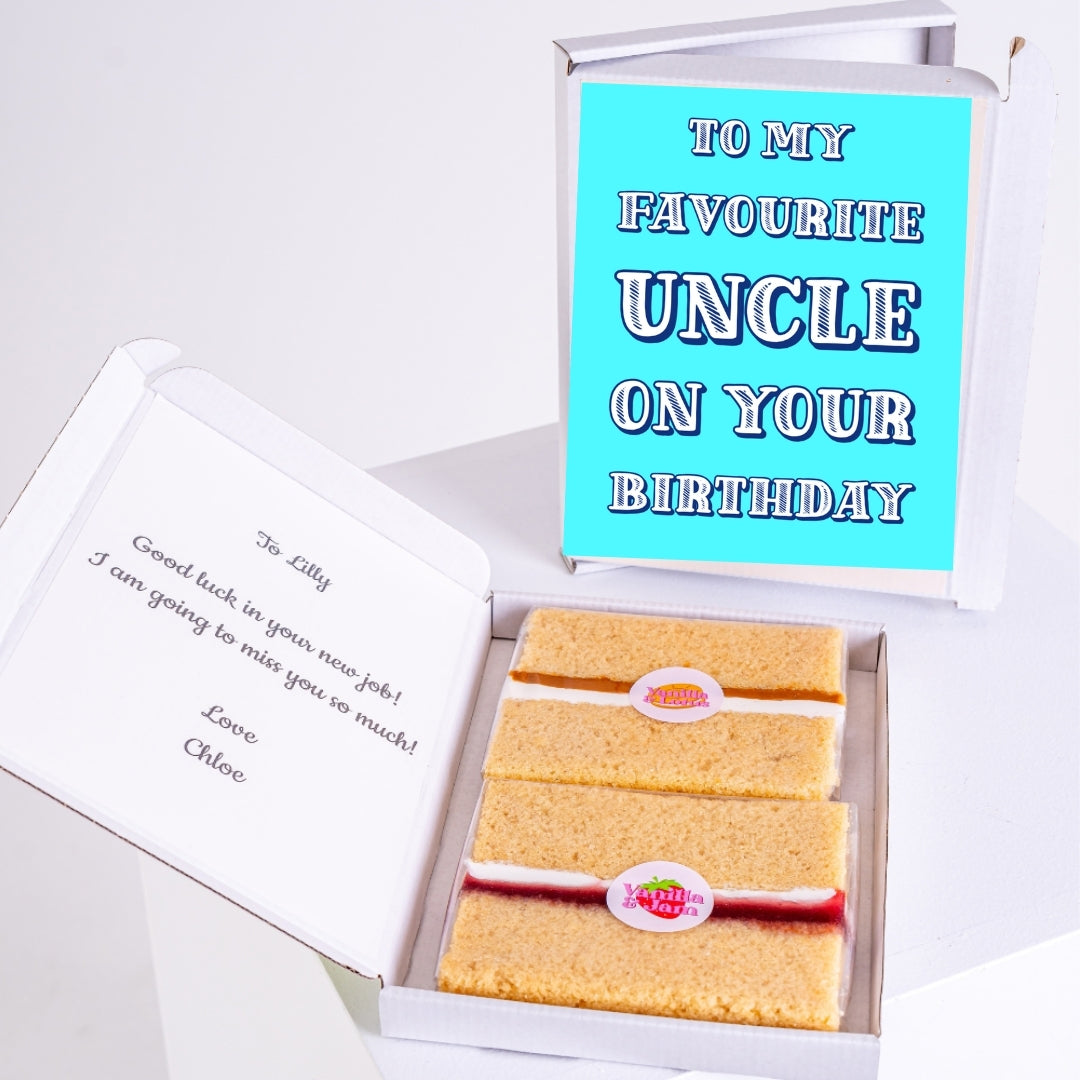 Letterbox cake gift for uncle with personal message inside