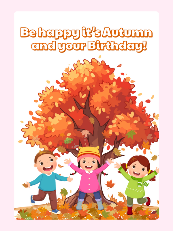 Autumn birthday card with kids and fall tree