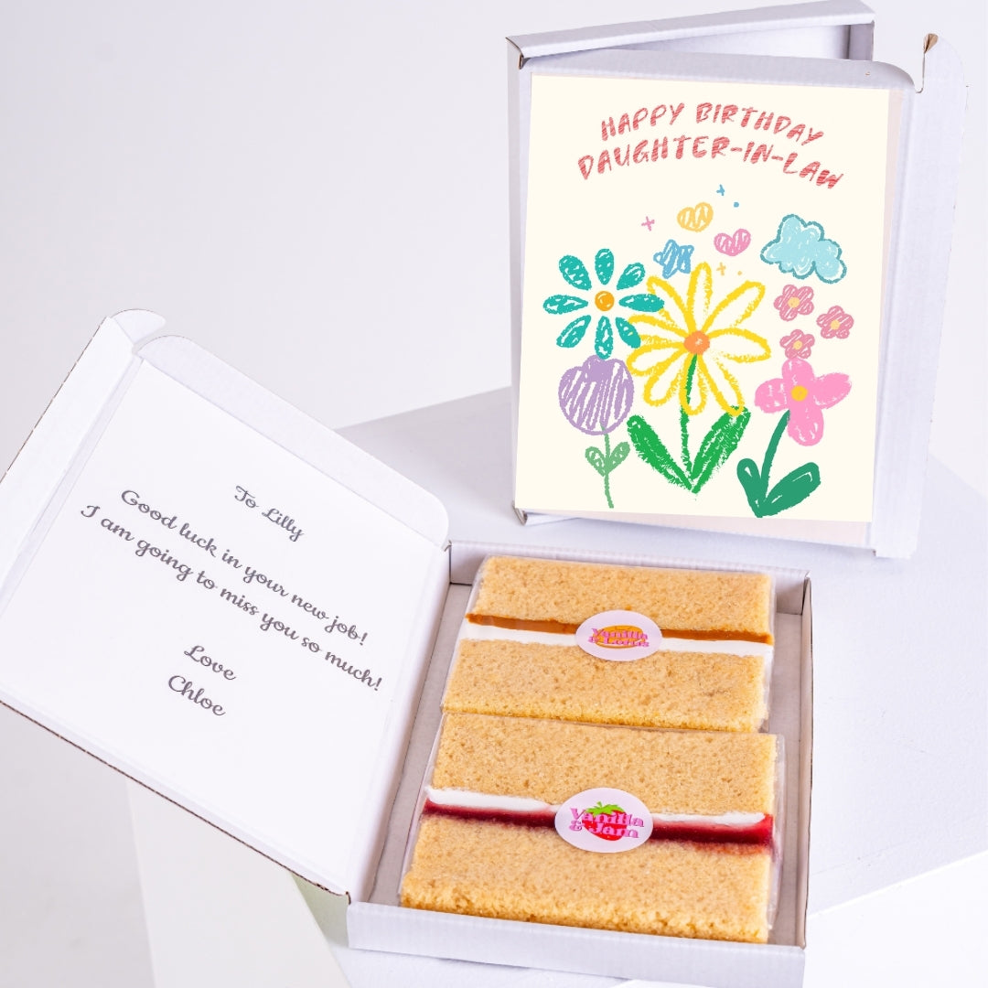 Letterbox cake gift with colourful birthday design for daughter-in-law.