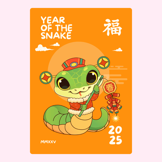 Year of the Snake 2025 illustration with cartoon snake and Chinese New Year...