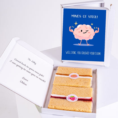 Minds of steel exam gift with personalised message and vanilla treats.