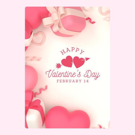 Valentine's Day card with hearts, gifts, and text