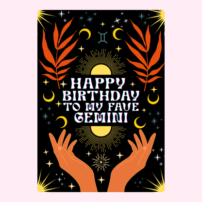 Happy Birthday Gemini card with stars and hands
