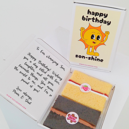 Birthday cake box with Happy Birthday son-shine card.