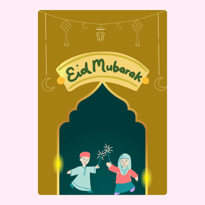 Eid Mubarak greeting with children and fireworks