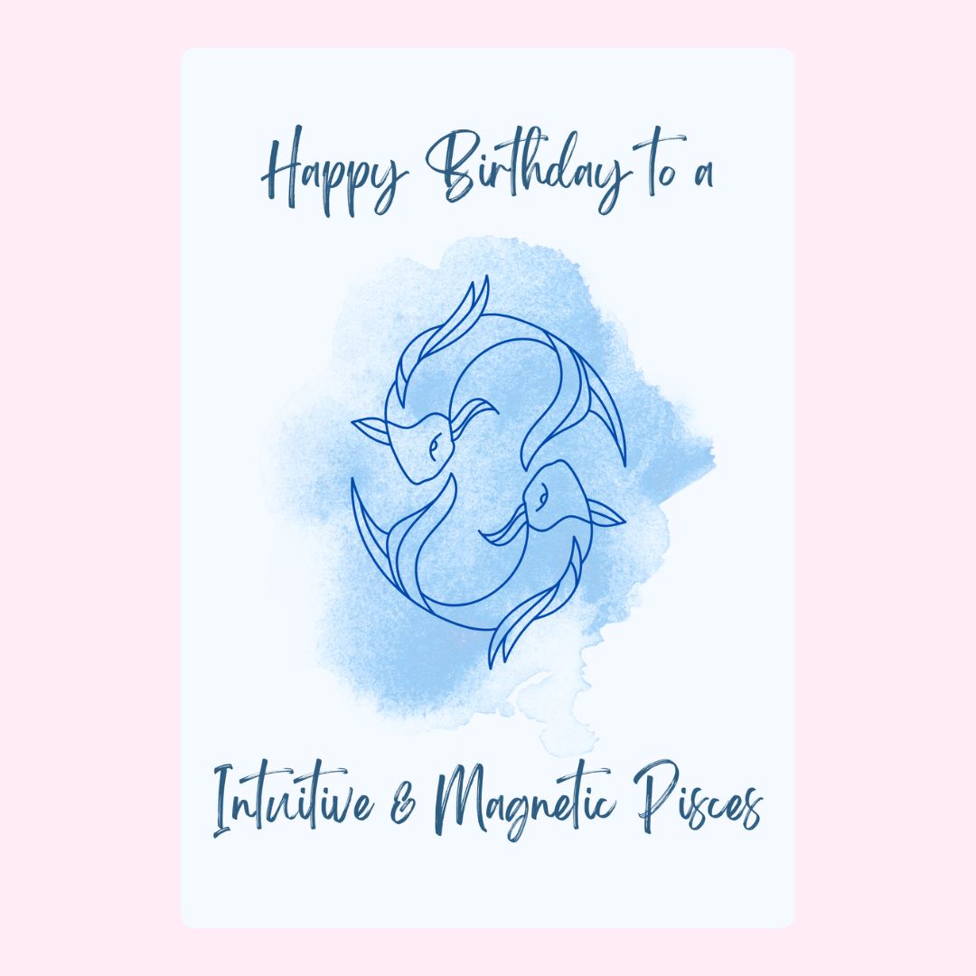 Pisces birthday card with blue watercolor background