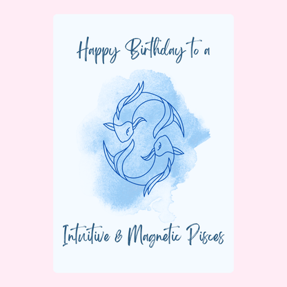 Pisces birthday card with blue watercolor background
