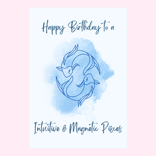 Pisces birthday card with blue watercolor background
