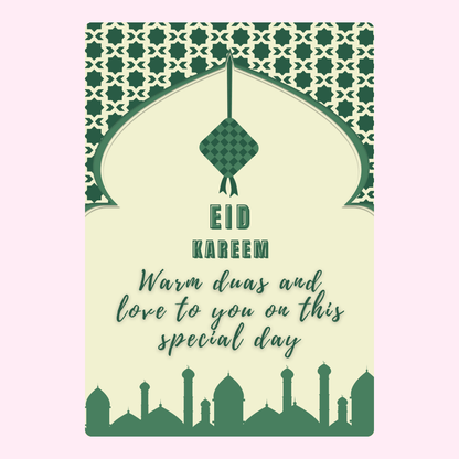 Eid Kareem greeting card with mosque silhouette