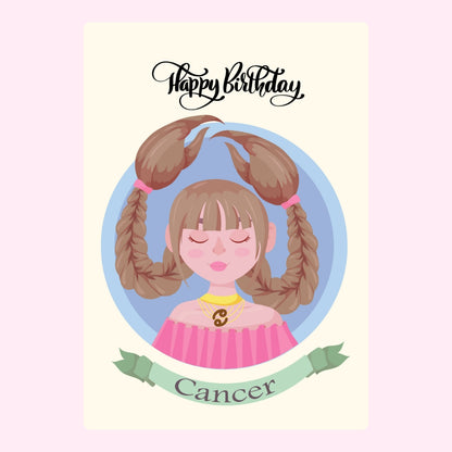 Illustrated girl with Cancer zodiac sign and birthday message