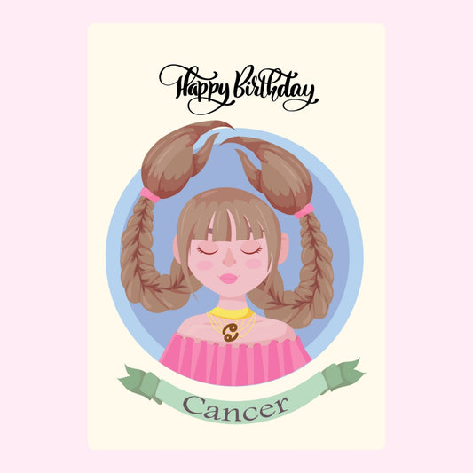 Illustrated girl with Cancer zodiac sign and birthday message