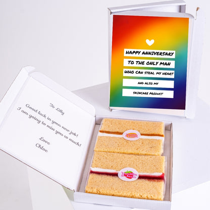 Letterbox gift with funny anniversary note and treats.
