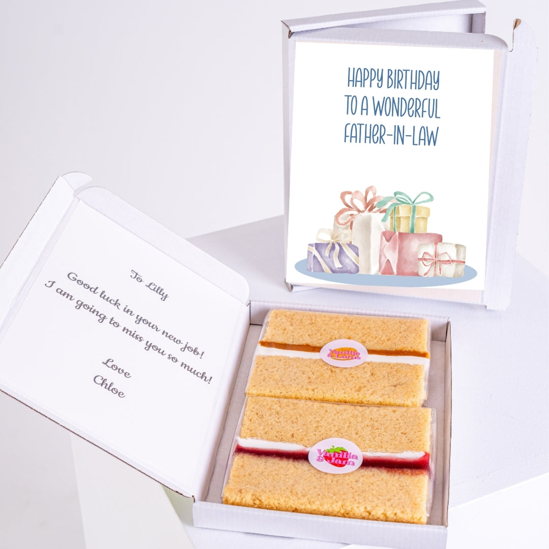 Letterbox cake gift with birthday message for father-in-law.