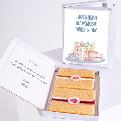 Letterbox cake gift with birthday message for father-in-law.