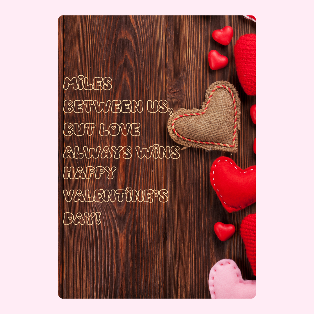 Miles Between Us with hearts and wood background.
