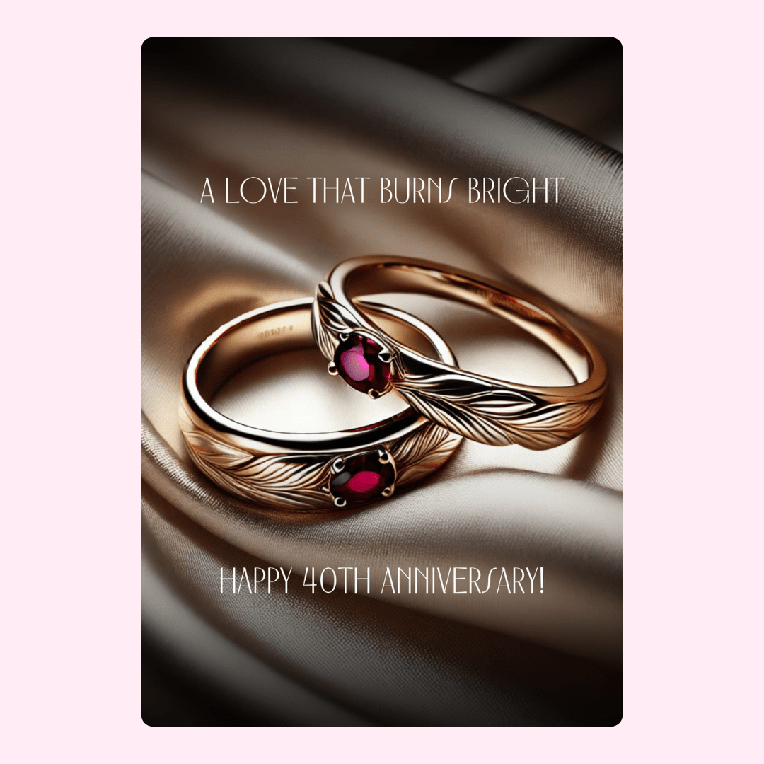 40th Anniversary rings with rubies on satin.