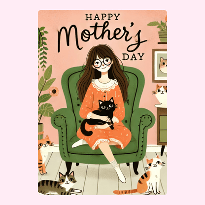 Happy Mother's Day card with girl, cats, and chair