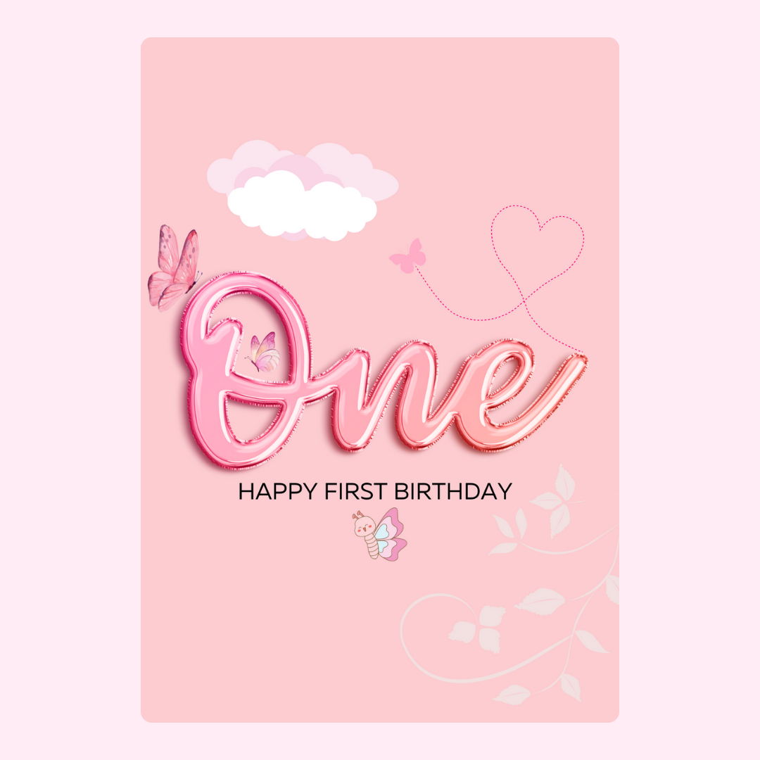 First birthday card with One and butterflies