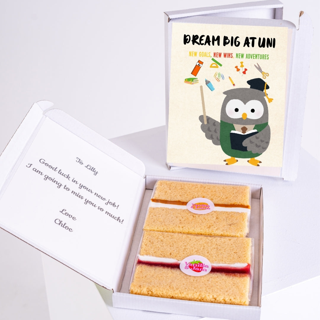 Letterbox cake gift with dream big at uni owl design.