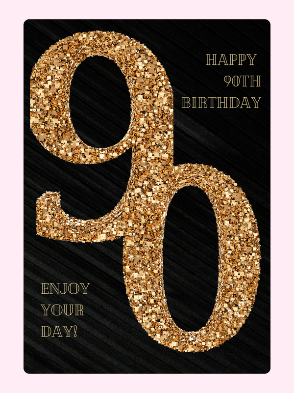 90th birthday cake card with black and gold glitter design for elegant letterbox cake gift UK