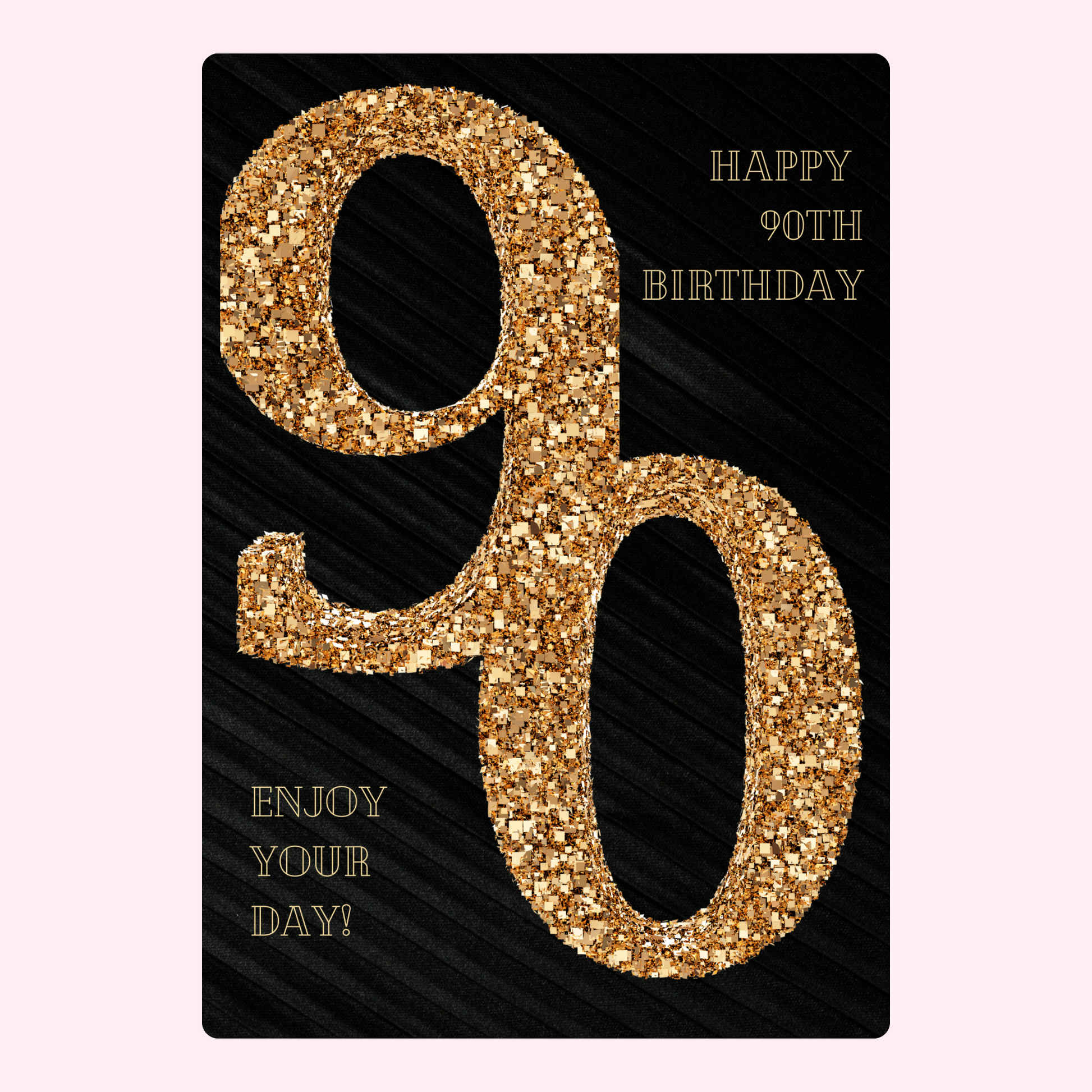 90th birthday cake card with black and gold glitter design for elegant letterbox cake gift UK