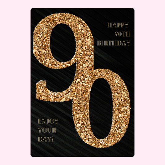 90th birthday cake card with black and gold glitter design for elegant letterbox cake gift UK