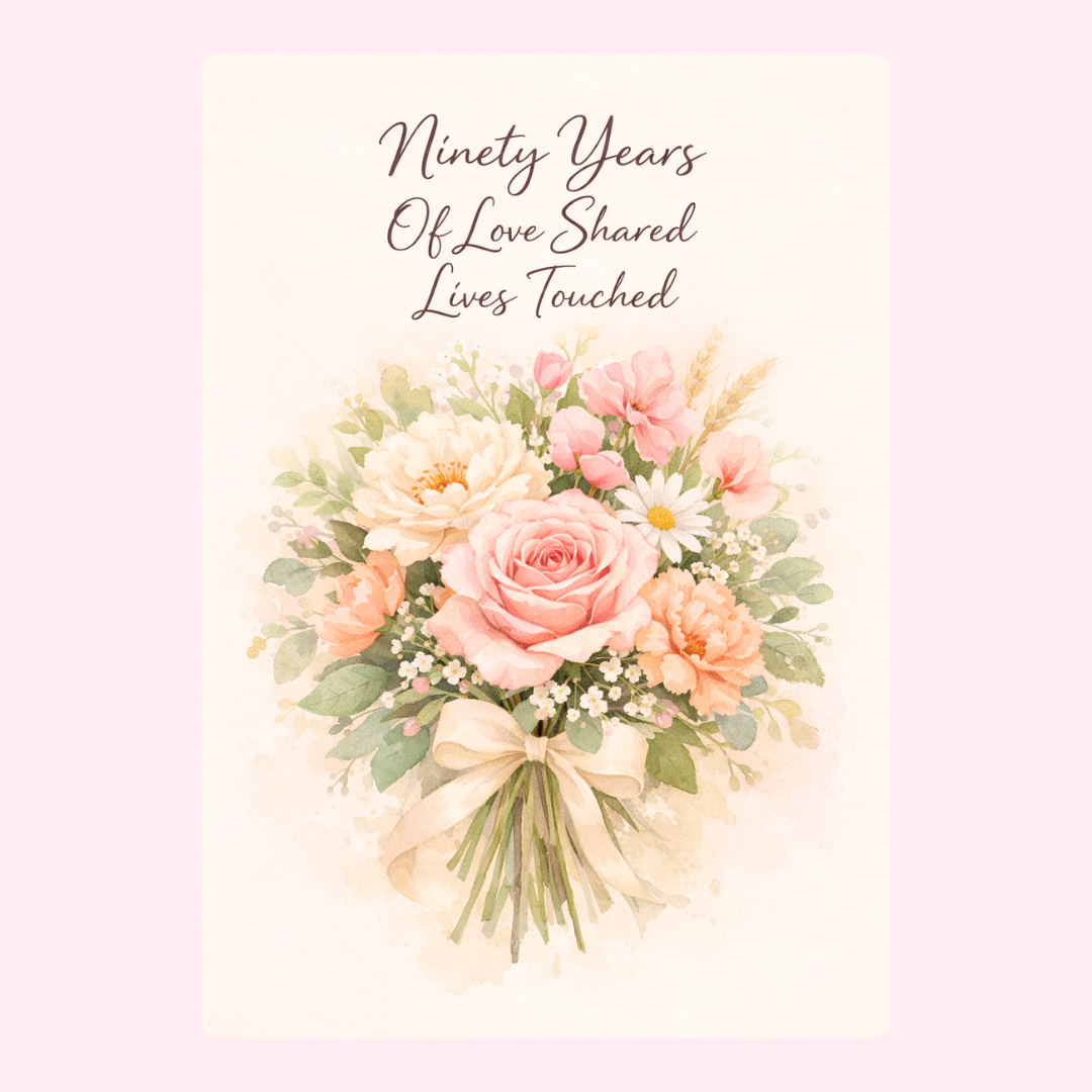 floral 90th birthday cake card design with bouquet illustration