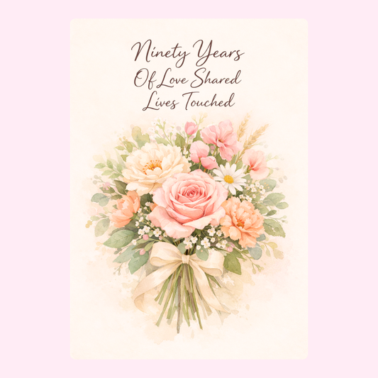 floral 90th birthday cake card design with bouquet illustration