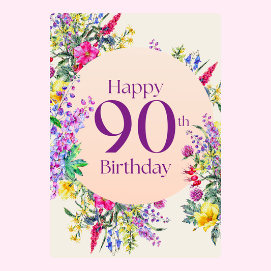 90th birthday floral cake card design for elegant milestone letterbox cake gift UK