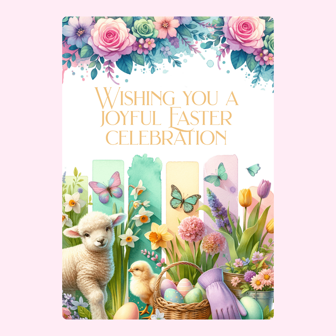Easter greeting with lamb, chick, and flowers
