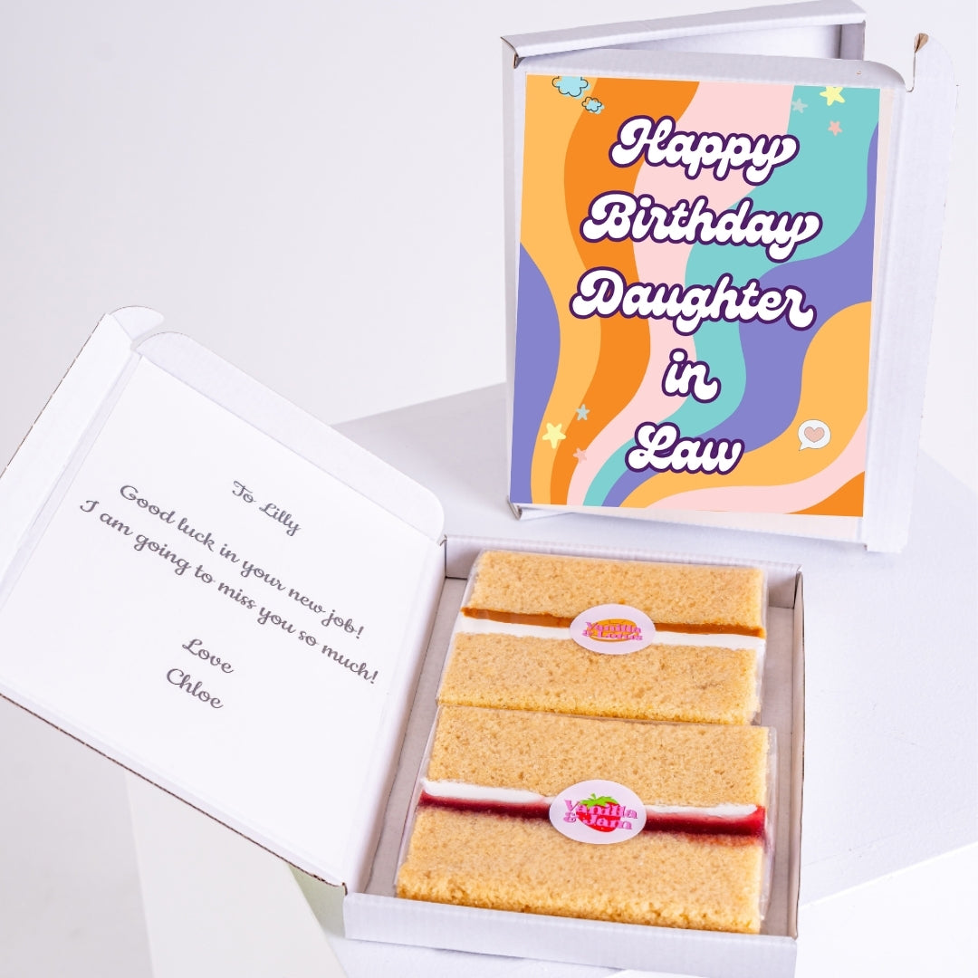 Letterbox cake gift with birthday message for daughter-in-law.