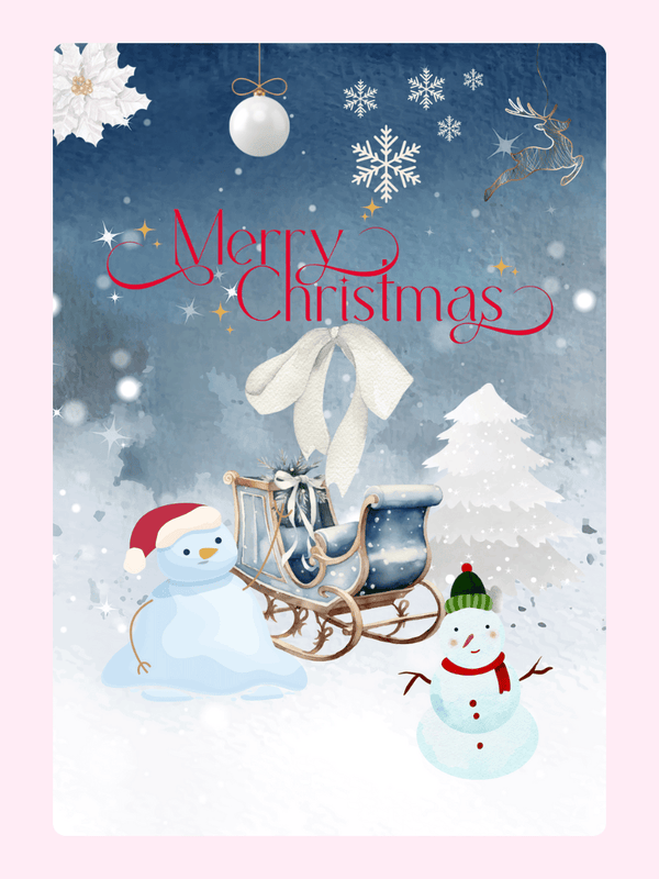 Christmas card with snowmen, sleigh, and Merry Christmas