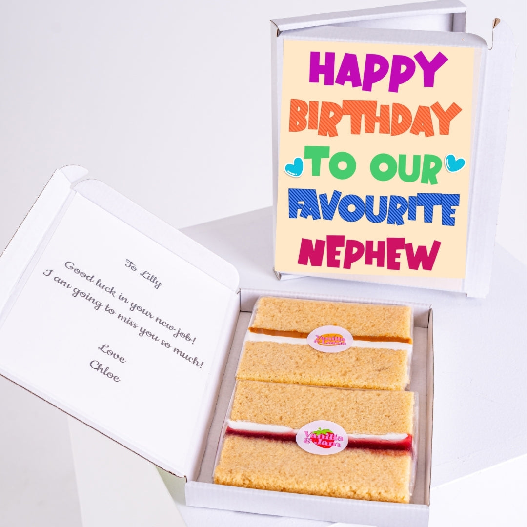 Letterbox cake gift with birthday message for favourite nephew.