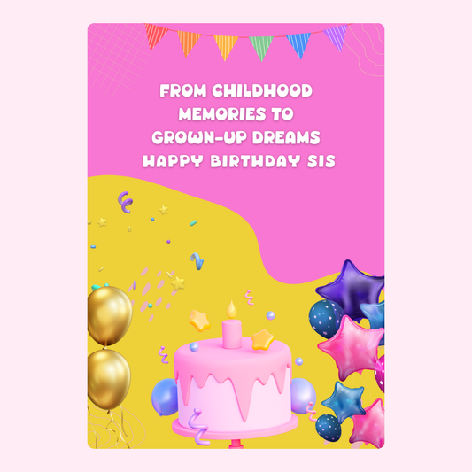 Birthday card for sis with balloons and cake