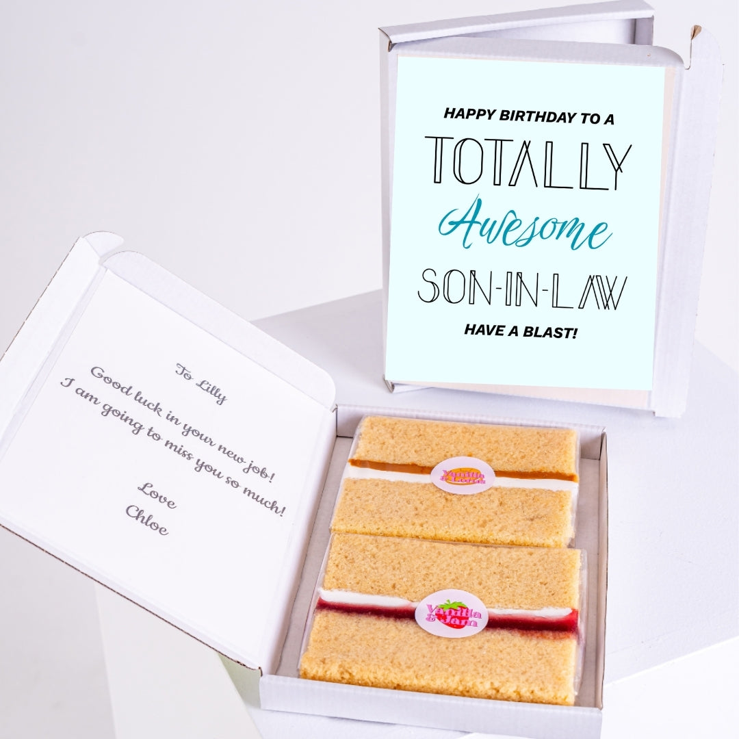Letterbox cake gift with fun birthday message for son-in-law