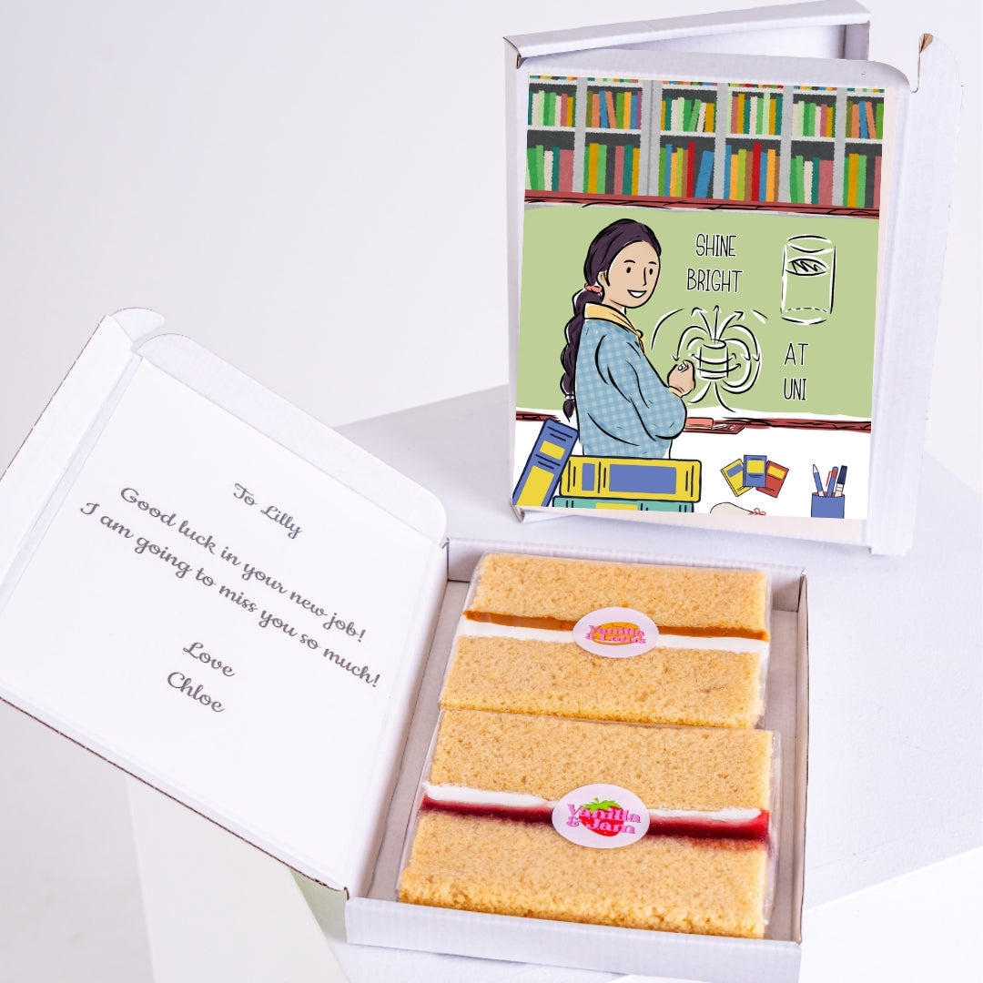 Letterbox cake gift with Shine Bright at Uni student design.