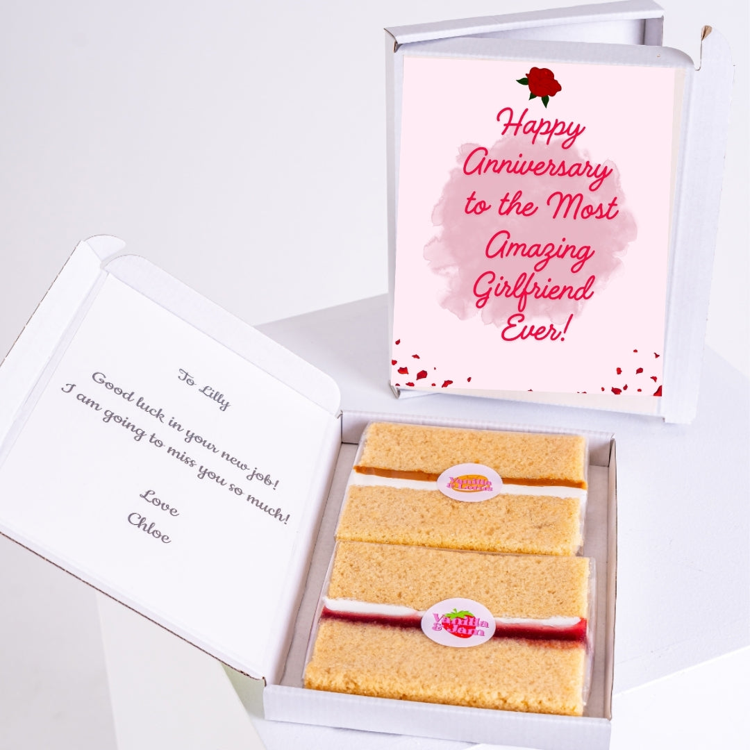 Anniversary gift with message and treats for girlfriend.