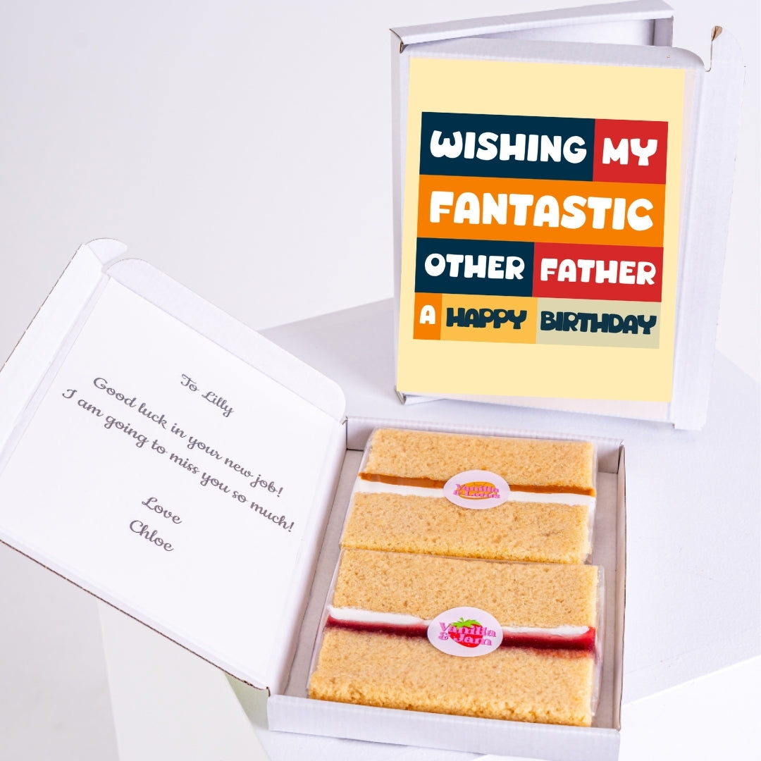 Letterbox cake gift with birthday message for father.