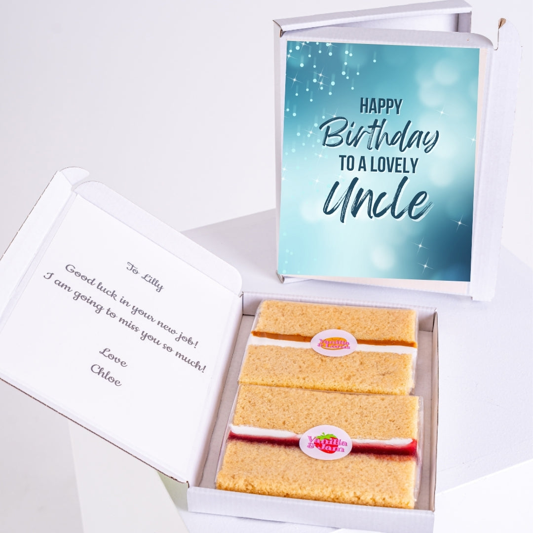 Gift box with cake slices and Happy Birthday card for Uncle