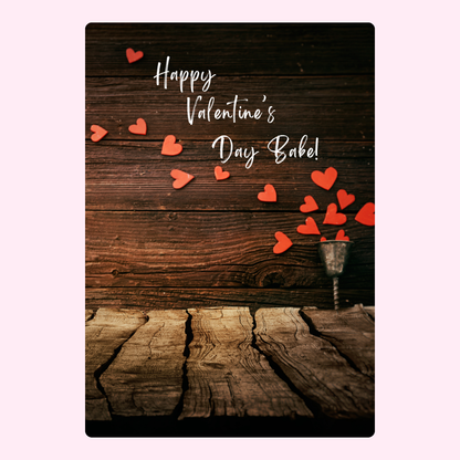 Valentine's Day card with hearts and wooden background